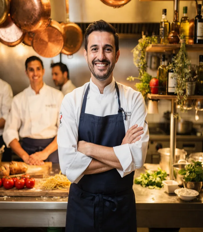 Chef Gianluca Ferrante na cozinha da Trattoria Della Nonna