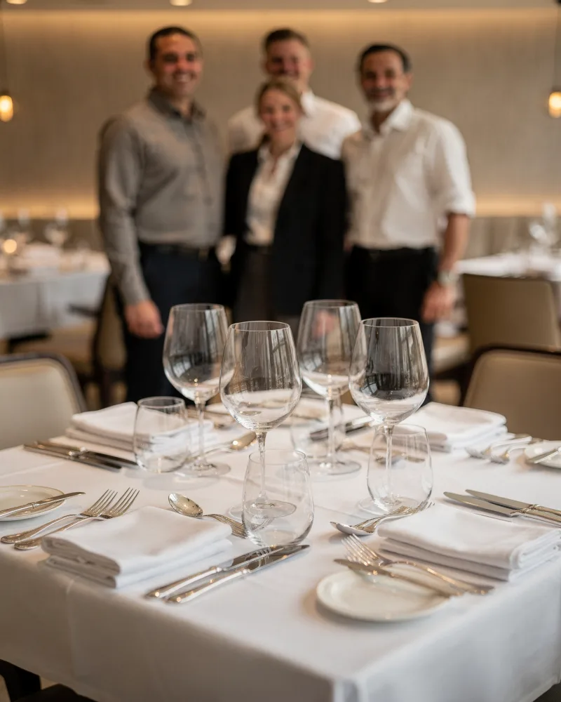 Mesa elegante preparada para menu degustação com taças de vinho e talheres dispostos