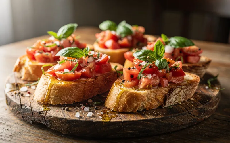 Bruschetta al Pomodoro com tomates frescos e manjericão sobre pão artesanal tostado