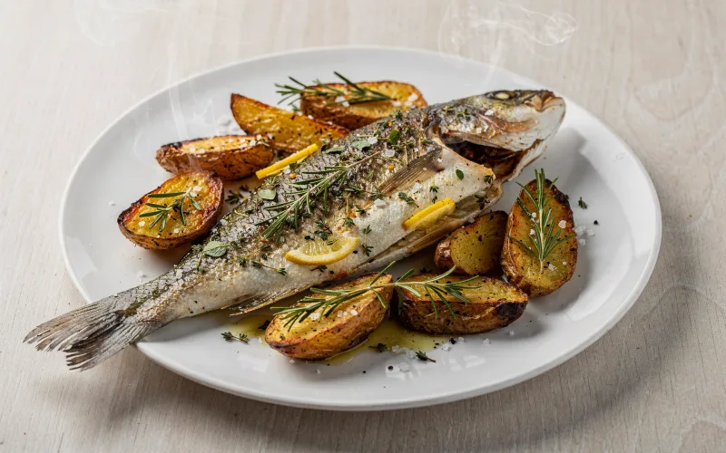 Branzino al Forno com ervas mediterrâneas e batatas ao alecrim