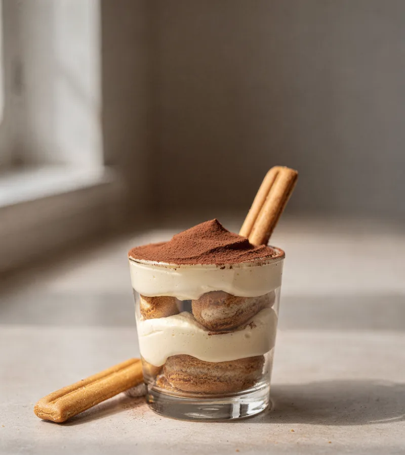 Tiramisù della Nonna servido em taça de vidro com cacau em pó e biscoito savoiardi