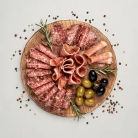 Tábua de frios com salame, presunto cru e azeitonas