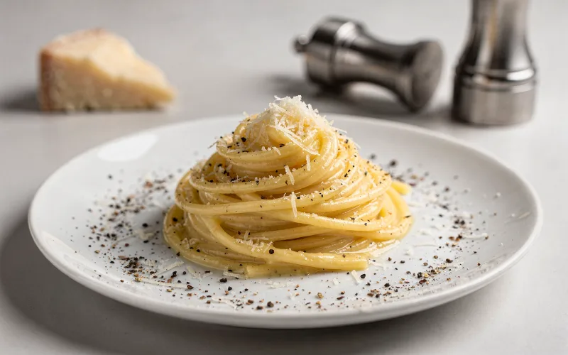 Spaghetti Cacio e Pepe com queijo pecorino romano e pimenta-do-reino moída na hora