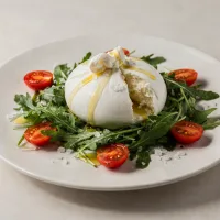 Burrata cremosa com rúcula e tomates cereja
