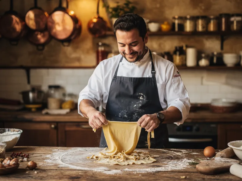 Chef abrindo massa fresca artesanalmente na cozinha da Trattoria