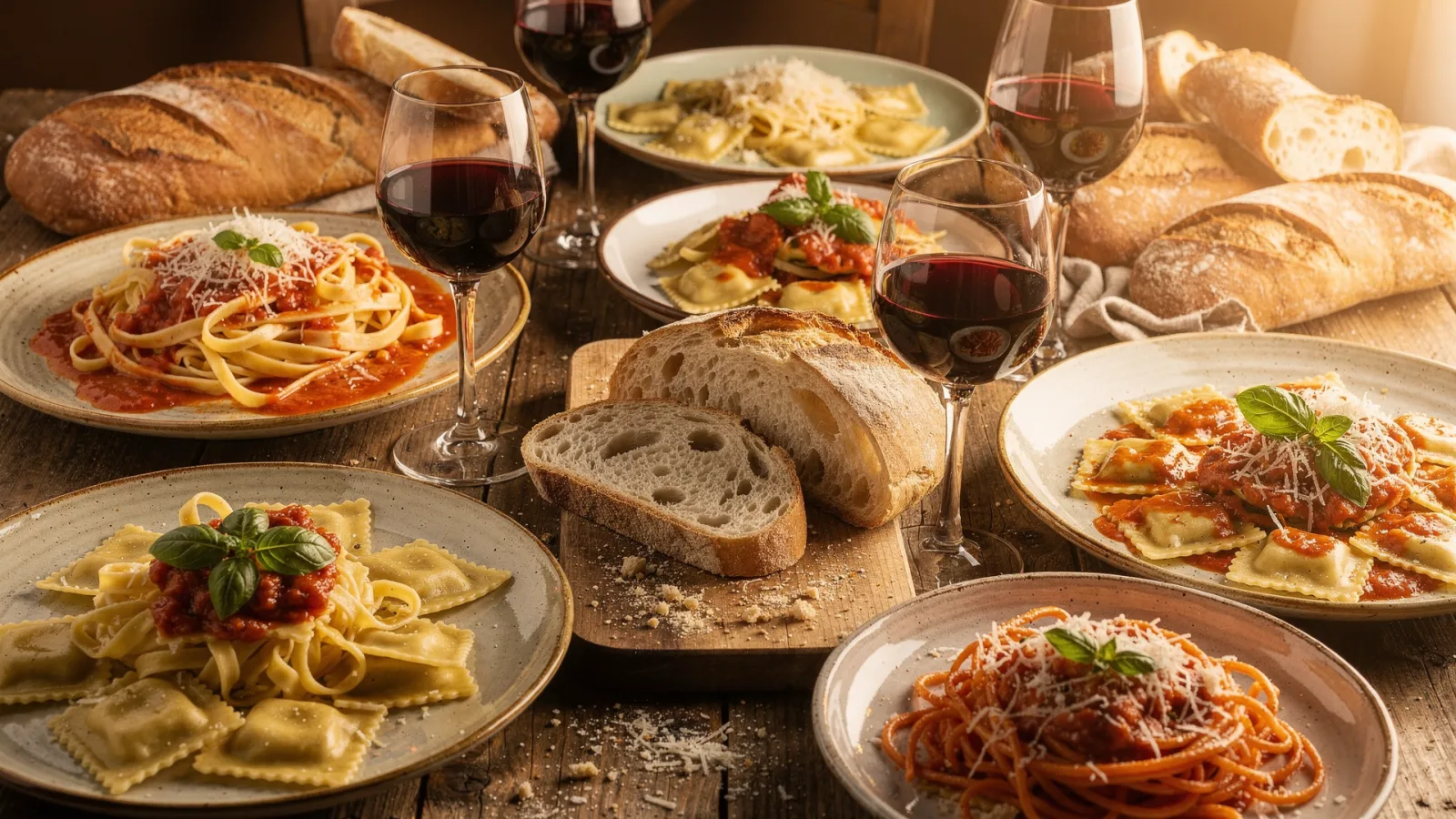 Mesa farta com pratos de massa artesanal, pão e taças de vinho tinto