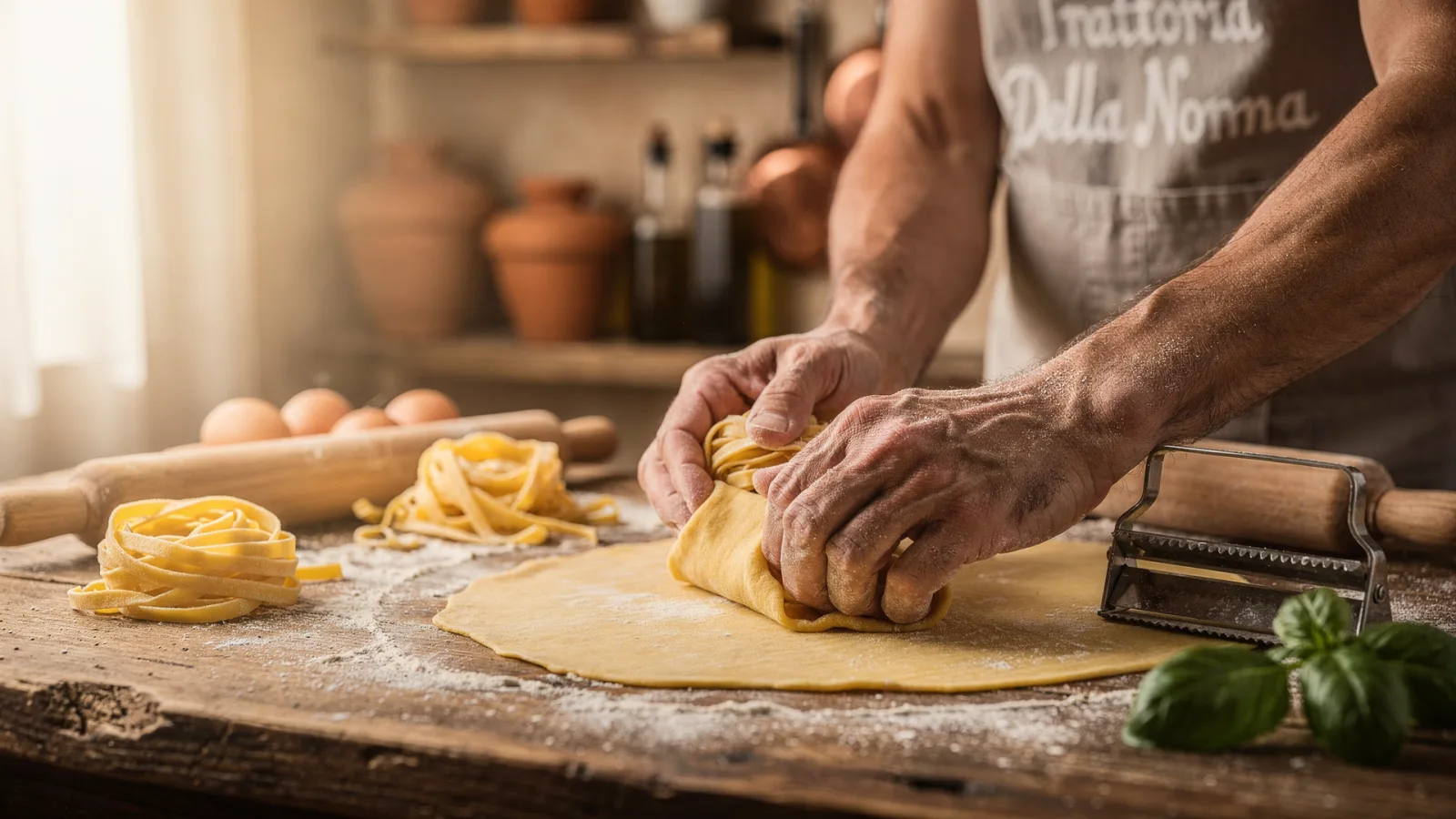 Massa fresca sendo preparada artesanalmente na Trattoria Della Nonna